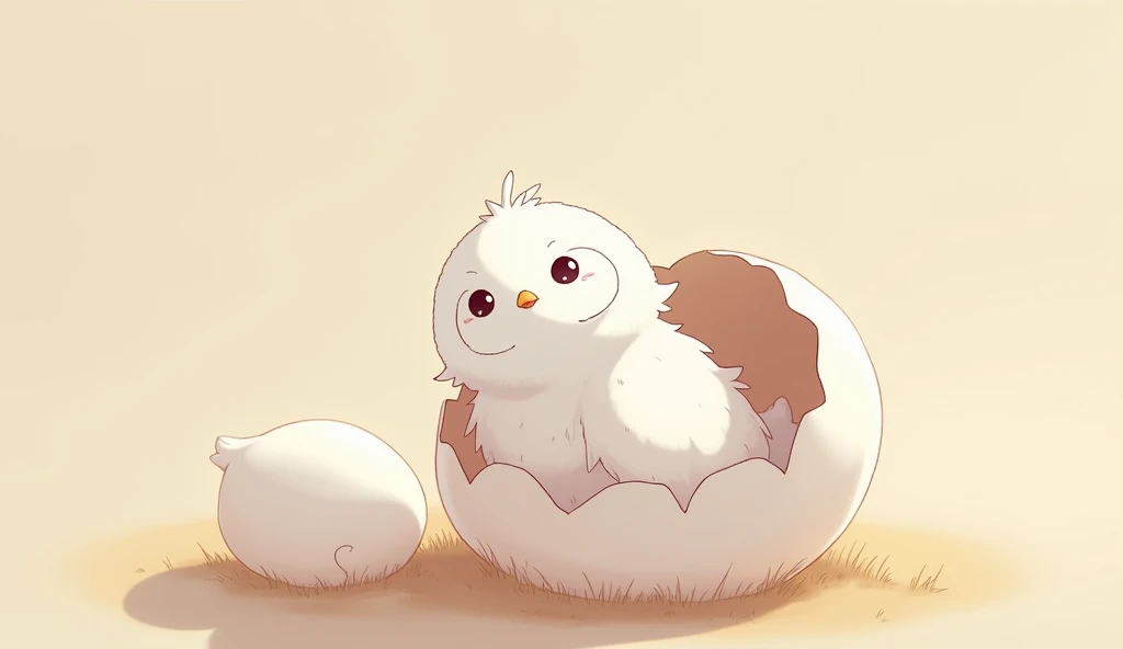 Anime animation style, a white owlet emerges from a white egg, the owlet is only half out, the birds head and neck are exposed, very cute, on the birds head there is a A handful of white feathers, the remaining half of the body is still in the eggshell