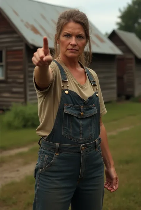 35-year-old rural woman in a baggy, finger-pointing stand