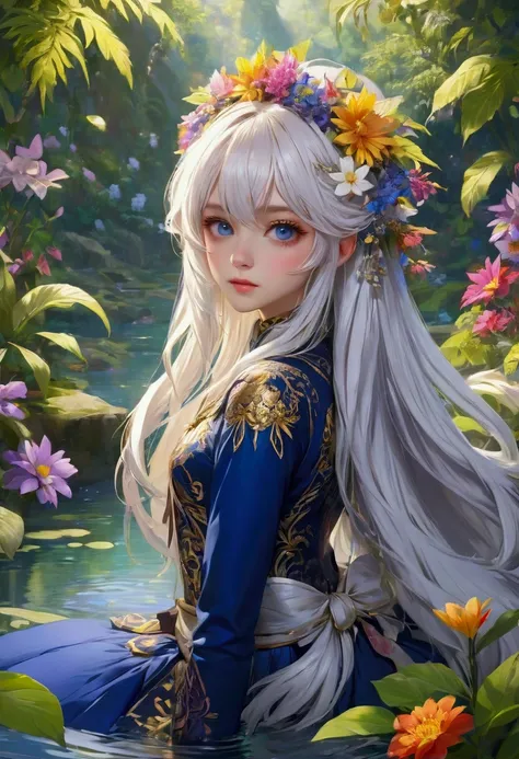 score_9, score_8_up, score_7_up, beautiful detailed (eyes, longeyelash, lips, navel, thigh), white hair, throughbangs, middle breasts, vibrant colors, masterpiece, ultra detailed, highres, highest quality, hyper realistic, photo realistic: 1.37, 10yo, The ...