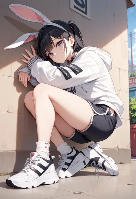 Put on a hoodie,Bunny ears, sneakers, girl,It rests against a wall,Shorts, black hair,long