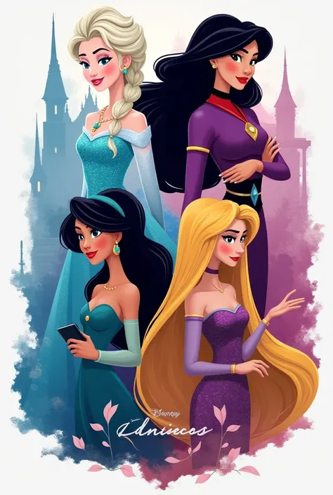 Create a logo with princesses - Princess Elsa, Princess Mulan, Princess Jasmine and Princess Rapunzel in honor of detectives