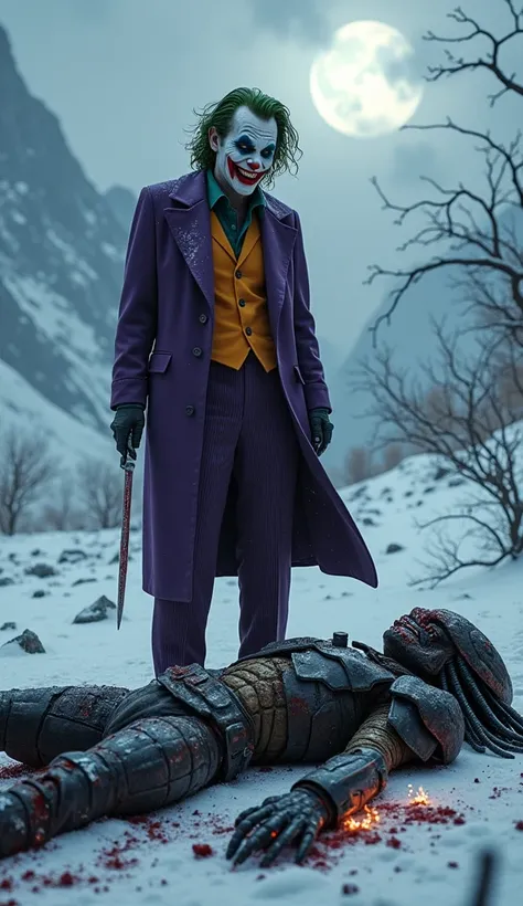 A hyper-realistic, high-definition scene depicting the Joker standing victorious over the lifeless body of the Predator in a dark, snow-covered mountain range. The Joker, in his iconic, disheveled purple suit, stands triumphantly over the defeated hunter, ...