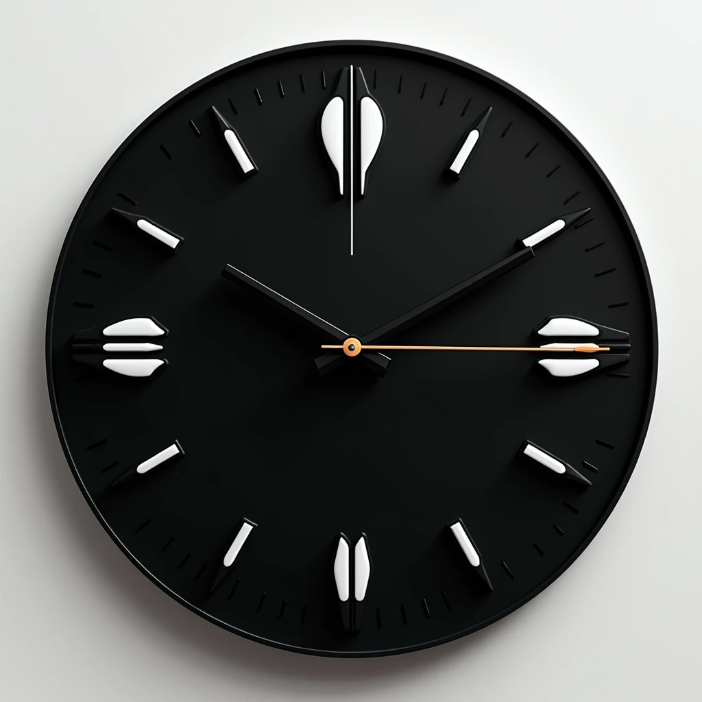 Black wall clock, white alian language hour number, absolute circle.