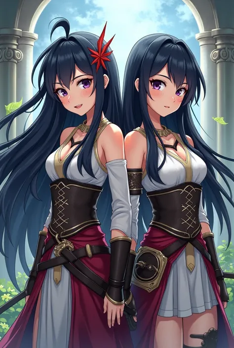  Generate an image of twin sisters anime version Warriors for RPG, long dark hair, One of them has to be cuter than the other both in high resolution 