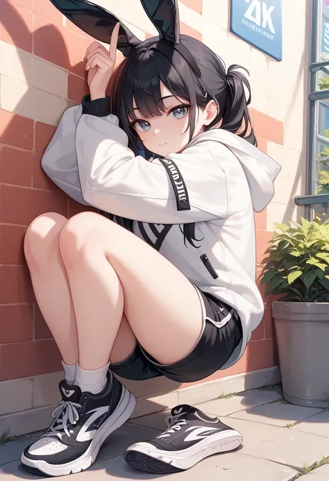 Put on a hoodie,Bunny ears, sneakers, girl,It rests against a wall,Shorts, black hair,long,Put on the hood