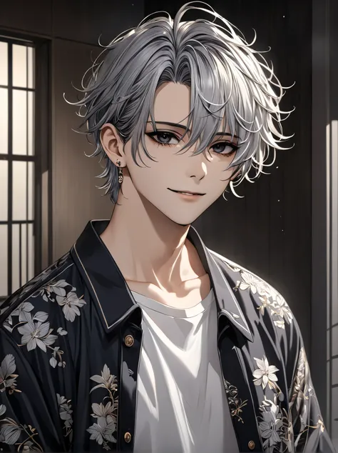((Highest quality)), ((masterpiece)), (detailed), ((Perfect Face、 Anime Style、masterpiece, best quality, detailed, ultra detailed、High detail、 very detailed depiction、 beautiful face、Young Man、Short grey hair、Dark eyes、 wearing a simple white long-sleeved ...