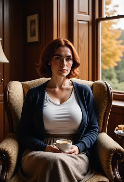 Photorealistic, cinematic style, a picture of a beautiful British woman sitting in her armchair and drinking tea. shes sitting in a old but comfortable armchair in a rustic English living room. Shes hlding a cup of tea in her hand. On the side table a plat...