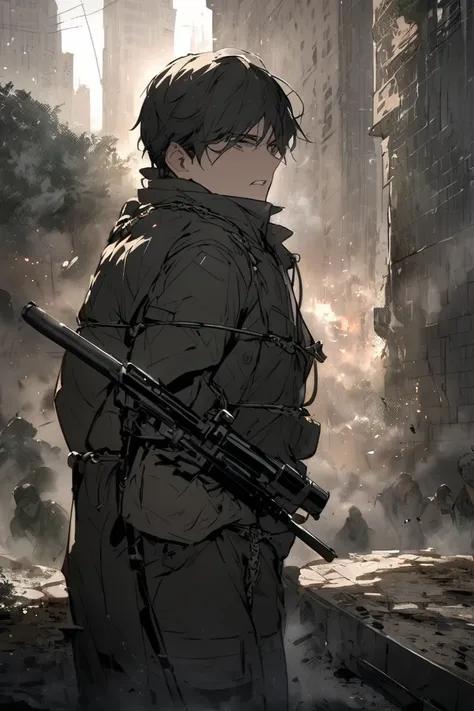 warm corner,  Breathtaking , Restraining , Vigilant ,  Male Protagonist , Young Boy,  Smoke,  Forest or City , With a gun,  Wearing the title ,  Breathtaking , war