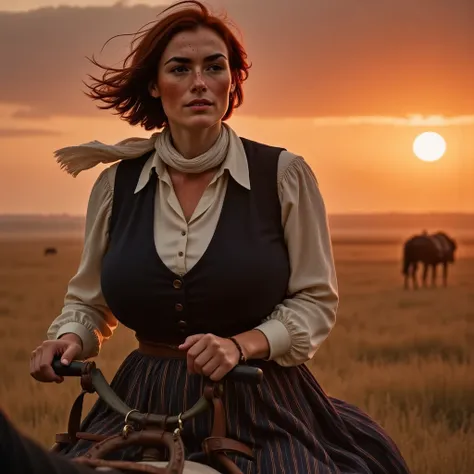 Photorealistic, cinematic style, a picture of a beautiful British woman as a 1800s pioneer woman. Shes draving a horse-pulled wagon, holding the reins in her hands. In the background a view of the american prairies. Red sunset. Windy. Shes got brown eyes, ...