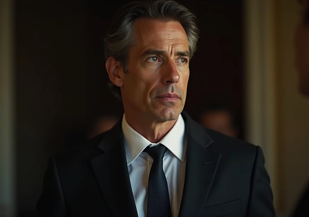 "A cinematic image of a wealthy man in his early forties, standing with a serious expression, his mouth slightly open as if he’s speaking. He has a tall, elegant presence, deep-set thoughtful eyes, and sharp, well-defined features that give him an air of a...