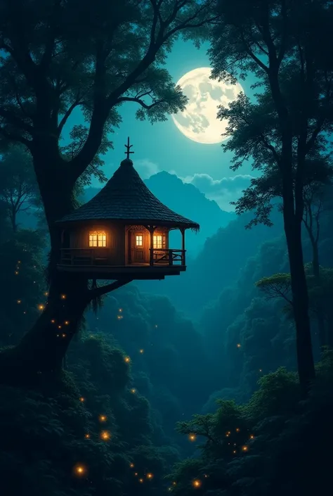 In rainforest big canopy,  night time, little natural light from full moon, trees glowing with fireflies. Landscape frame. A treehouse spotted 