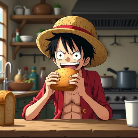 One piece Luffy eating bread in the kitchen