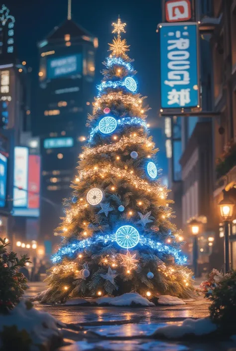 Neon at Night 、giant christmas tree、 Symbolic Christmas Tree  、 neon logo 、  Beautifully Decorated Christmas Tree、