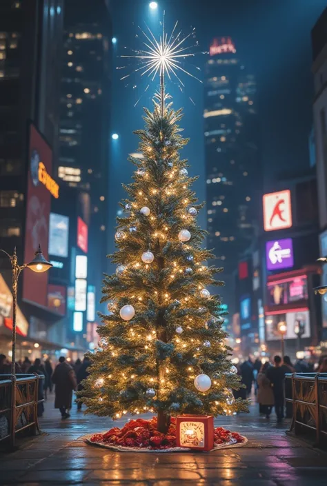 Neon at Night 、giant christmas tree、 Symbolic Christmas Tree  、 neon logo 、  Beautifully Decorated Christmas Tree、