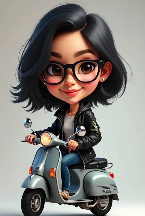  3D caricature, Short Young Filipino Woman, black hair, black jacket, wearing eyeglass, the name Sanglay written on the front of her jacket, jeans, smiling photo facing the front, sitting on a Balack Vespa Scooter, background, High Resolution, Front view