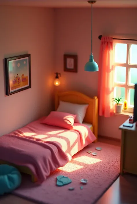 （Pixar style), A model of a small cozy bedroom, miniature figure model,  Light source from right to left , Rumbrandt Lighting,  Light source from right to left , (Isometric view), (bald), realistic scale,  post-processing , ((orthogonal perspective)),  Sup...