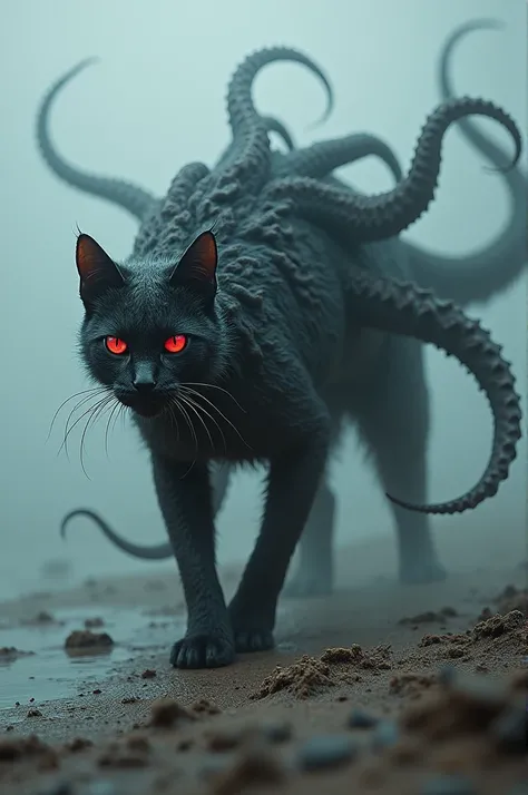 menacing cat-octopus hybrid creature with a shadowy, demonic appearance, featuring dark fur and octopus-like tentacles extending from its back and sides. It stands on a muddy beach, the tentacles swirling in the misty air, and its glowing red eyes stare in...