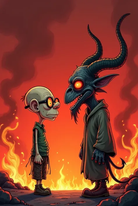 Please create an image of a thin man , bald,  wearing glasses wearing old and torn clothes talking to a red and horned demon in a red setting with fire. Create the Cartoon style image .