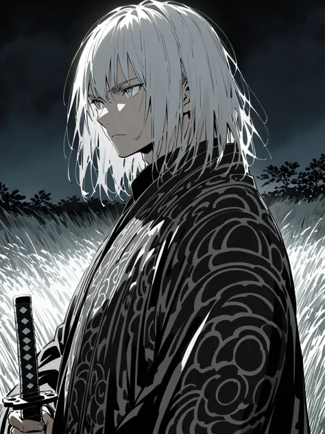 {{upper body body}} {{Artist: kubo tite}} 1boy, muscular male, medium hair, white hair, grey eyes, expressionless, ronin, katana, hand on hilt, outdoor, field, night, looking to the side.