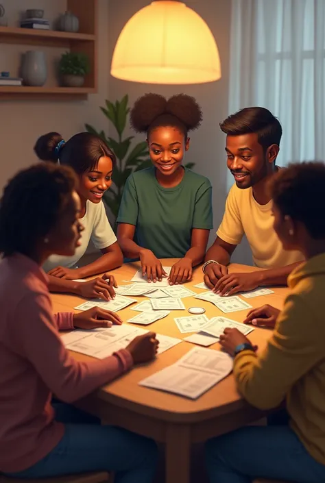 Une image montrant plusieurs ivoiriens (les colocataires) autour d’une table, partageant des documents, des billets ou un chèque, pour illustrer la répartition équitable de la caution. Cela symbolise la contribution de chaque colocataire à la garantie fina...