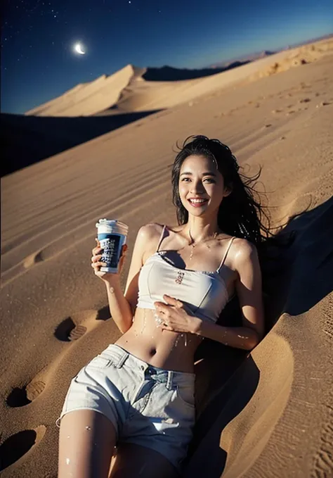 (((口を大きく開けて sticking out her tongue ))), (((Aerial photography))), (((The desert in the background is reminiscent of Mad Max.))) , (((night))), (((Starry sky and moon))),A boldly composed photograph of a Japanese woman that looks like it was taken by a fam...