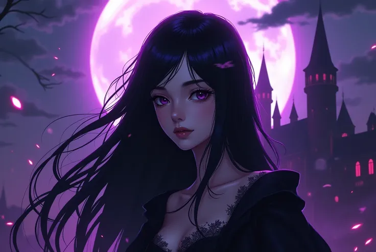 Style réaliste jeune femme long cheveux noirs vampire avec château en arrière plan et effets de magie violette. 
La lune dans le ciel. 
Image de style gothique anime
