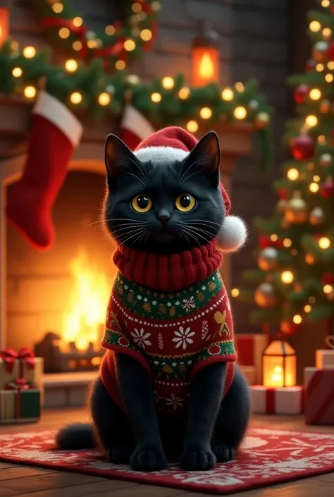 A hyper-realistic anthropomorphic black cat with sleek, shiny short fur, sitting in a rustic, stone-walled room beautifully decorated for Christmas. The cat has intelligent, warm yellow eyes and is dressed in festive holiday attire, including a cozy red-an...