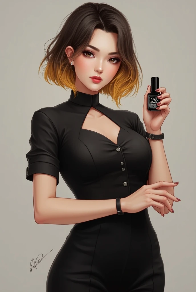  Beautiful girl with short, straight hair with yellow and brown highlights in her hair,  black manicurist uniform ,  holding a nail polish with the name of  "Mari Nails "  and showing it to the spectator

