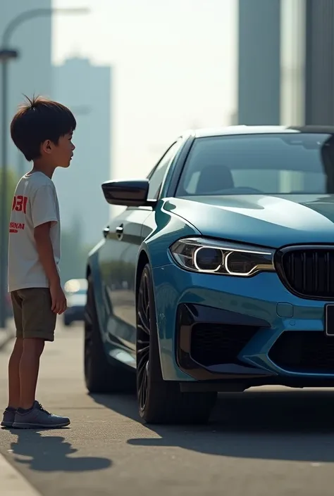 A  Boy Watching His Dream car Bmw m5.the boy wear a t-shirt. The boy name is EHOSAN (Written On t-shirt) 