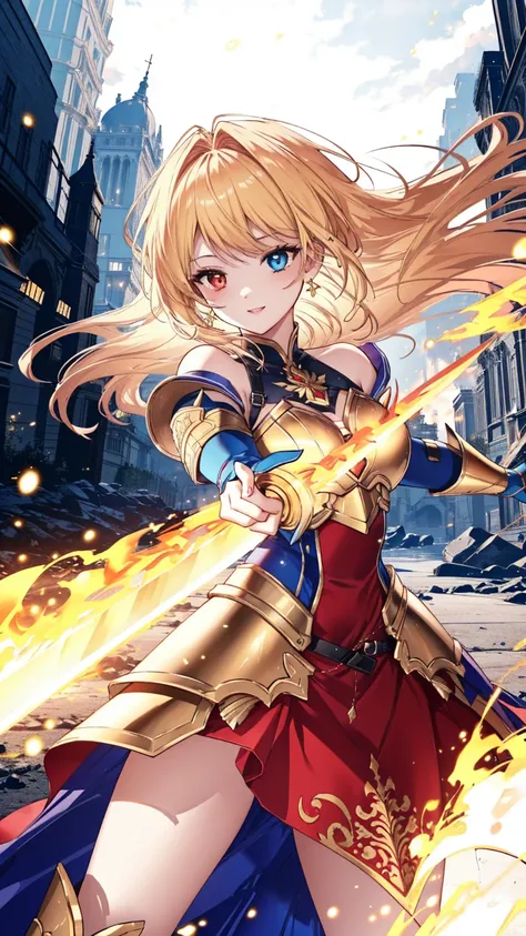 masterpiece, best quality, ultra detailed, intricate details, 
(1 girl:1.2), beautiful mature female warrior,
(heterochromia:1.2), (red right eye, blue left eye:1.2),
(golden blonde hair with red highlights:1.2), flowing semi long hair,
(delicate face:1.2)...