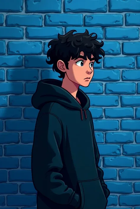 faça one desenho digital "Cartoon " witho se fosse a mão honeana, one "21-year-old " with "black hoodie " and curly hair, virado de lado pra esquerda  e with one fundo realista,witho se fosse onea parede de tijolos detalhadas e pintafa de azul