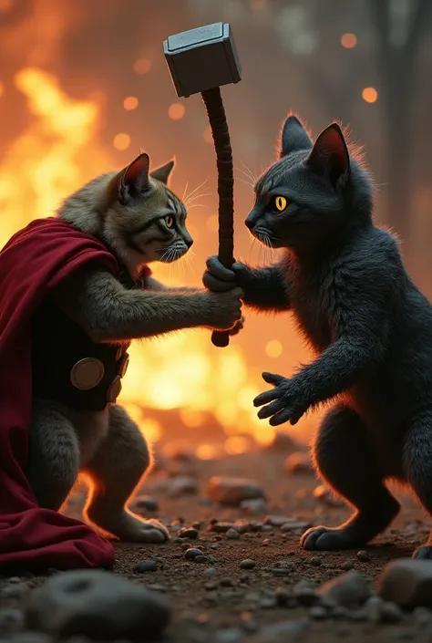 Character: Angry Thor cat and alien cat.

Action: Thors cat hits the alien cat by using his hammer.

Theme: Alien cat wearing a scary costume.

Background: Burning home.