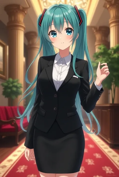 (best quality:1.3), (masterpiece:1.3), anime, 1girl, (lora:miku hatsune), suit, office lady, black skirt, black blazer, pencil skirt, white shirt, collared shirt, teenager, looking at viewer, full body, hotel, lobby, age 15, receptionist, 