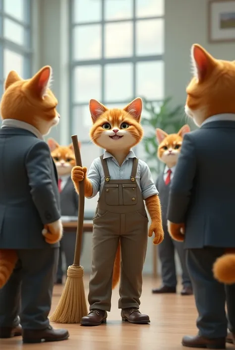 A cat dressed in janitors clothing holding a broom and smiling and talking to other cats that are wearing suits and ties inside an office 
