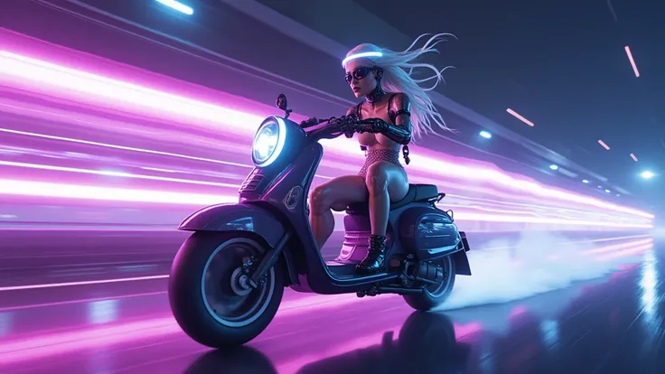 (Wide and low angle view). Futuristic scooter Vespa race in the cosmos. a vibrant sci-fi image depicting warp speed, with dynamic streams of purple and blue light bursting outward. At night, (1 robotic western woman with mechanical arms, solo, alone), phot...