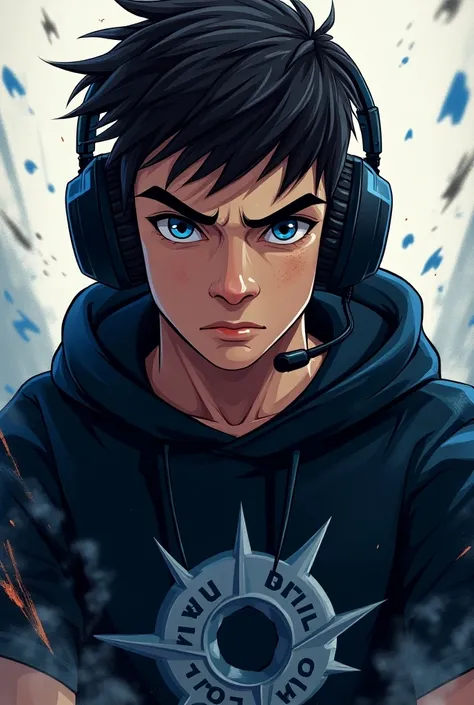 " Create a logo with a male character wearing a black sweatshirt with the Brazilian teams logo .  The sweatshirt has blue details on the edges .  The man has fair skin ,  with some visible pimples on his face ,  and he is wearing a gaming headset . Its exp...