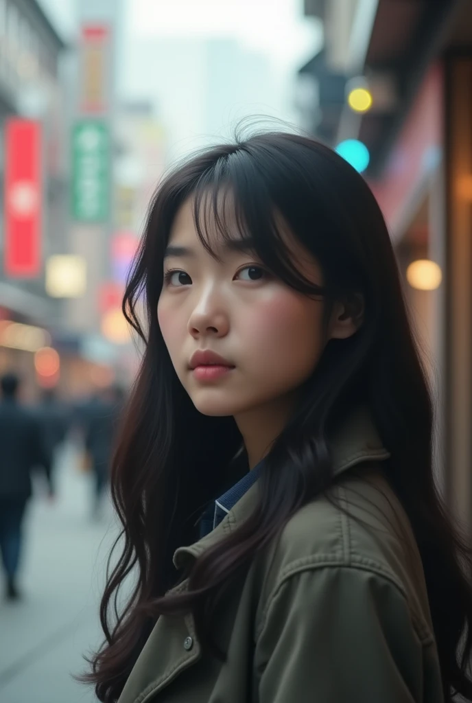 A young korean woman with long black hair, looking thoughtfully to the side, standing in an urban street setting on a sunny day. She has a calm and natural expression, with soft lighting highlighting her face. The background shows a bustling city street wi...