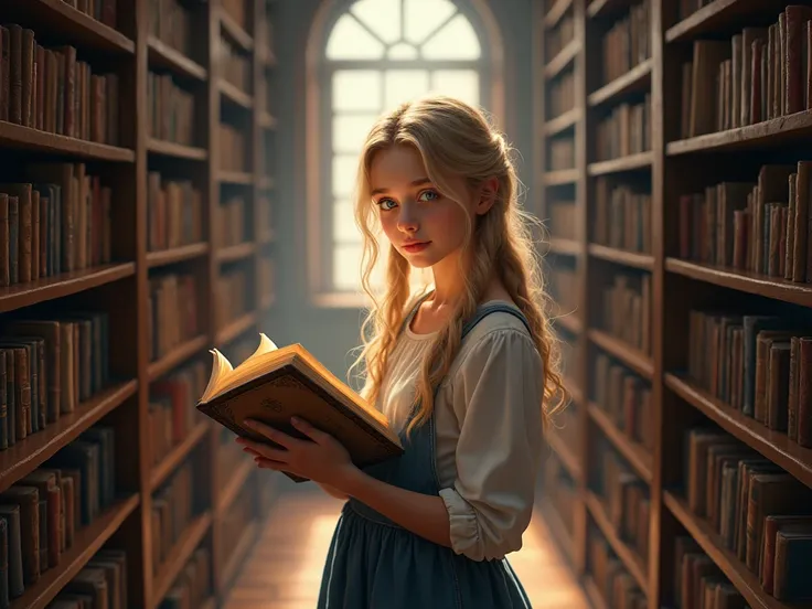 Draw a pic of a blonde girl , blue eyes, in a book store, searching a new fantasy love book 