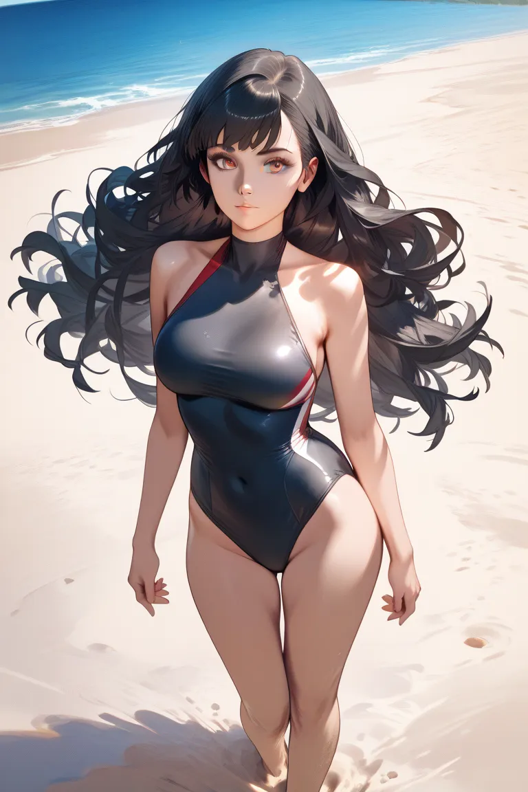 ((black hair, long hair, straight hair, hair down)), burgundy eyes, ((black swimsuit)), lorraine archibalt, woman, facing the vi...