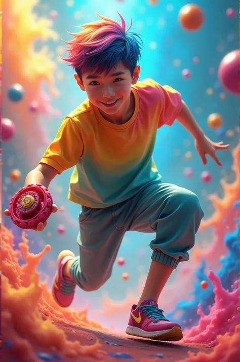  A handsome Asian man with rainbow colored hair is competing playing a game of BEYBLADE,wearing rainbow colored t-shirt , rainbow colored jogger pants bottoms , wearing rainbow colored Nike shoes while smiling , looks real ,cinematik, colorful paint splash...