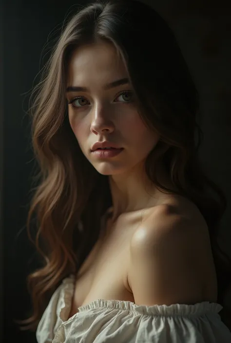 a nude girl, detailed face, long hair, beautiful eyes, detailed lips, detailed nose, hyper realistic, 8k, masterpiece, highly detailed, photorealistic, cinematic lighting, dramatic lighting, chiaroscuro, moody colors, dramatic shadows, renaissance painting...