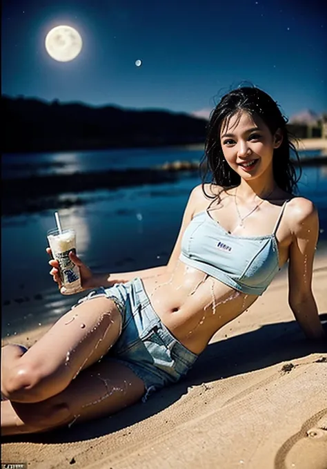 (((口を大きく開けて sticking out her tongue ))), (((Aerial photography))), (((The desert in the background is reminiscent of Mad Max.))) , (((night))), (((Starry sky and moon))),A boldly composed photograph of a Japanese woman that looks like it was taken by a fam...