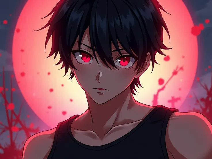  a guy with black hair and red eyes in a black tank top (in anime style) (with a bright background )