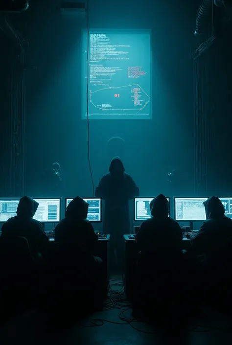  Generate an image that represents a software cult in a dark and mysterious environment .  Show a secret room dimly illuminated by computer screens with symbols and codes on their monitors.  The members of the cult are dressed in robes and hoodies , surrou...