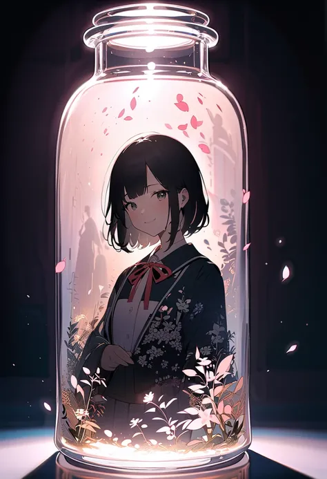 (masterpiece, best quality),(double exposure silhouette: 1.2),girl in the glass bottle,a teenage girl trapped inside a glass bottle. The bottle is transparent with a slight shimmer, girl is standing, smile, wearing japanese school-uniform, Soft lighting cr...