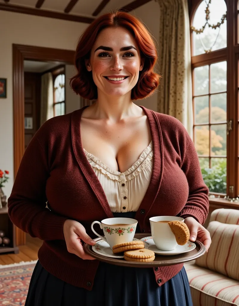 photorealistic, cinematic style, picture of a beautiful british woman holding a small tray with a cup of tea and two cookies. sh...