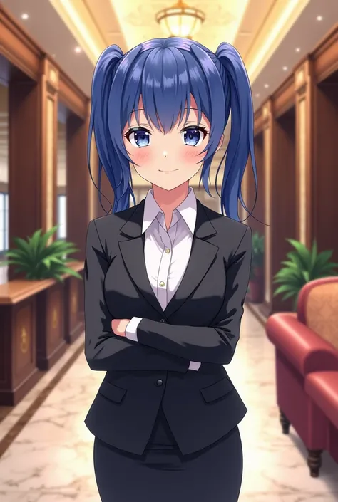 (best quality:1.3), (masterpiece:1.3), anime, 1girl, (lora:miku hatsune), suit, office lady, black skirt, black blazer, pencil skirt, white shirt, collared shirt, twintails, teenager, looking at viewer, full body, hotel, lobby, age 15, receptionist, 