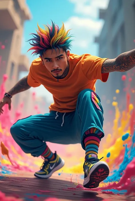 A handsome Asian guy with rainbow colored hair , full body tattoo is competing playing a game of BEYBLADE,wearing rainbow colored t-shirt , rainbow colored jogger pants bottoms , wearing rainbow colored Nike shoes while smiling , looks real ,cinematik, col...