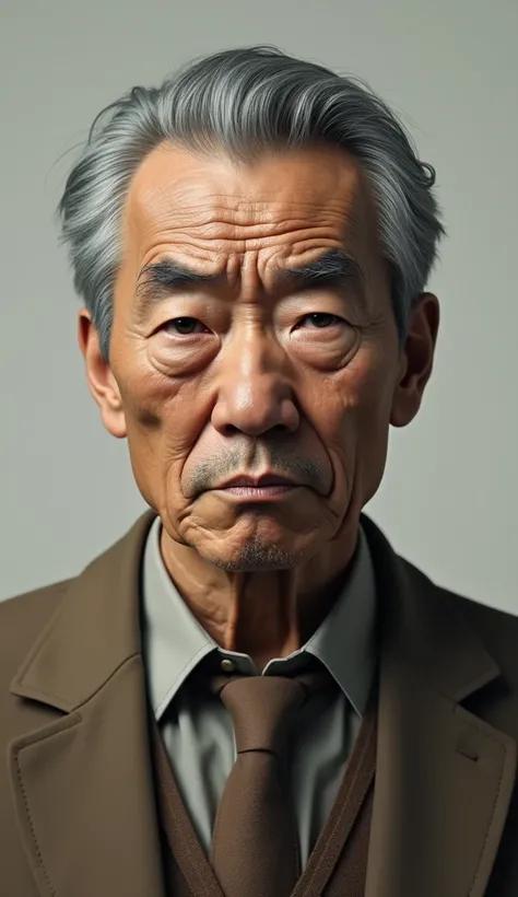  Hi-Res, masterpiece, accurate,  anatomically correct, Best Quality, 8k、 Japanese、６０age、male、solo、Square jaw、Gray Hair、Grey Hair、 shortcut、Brown suit、 shirt 、worries、thinking、 frowns, Detective、criminal