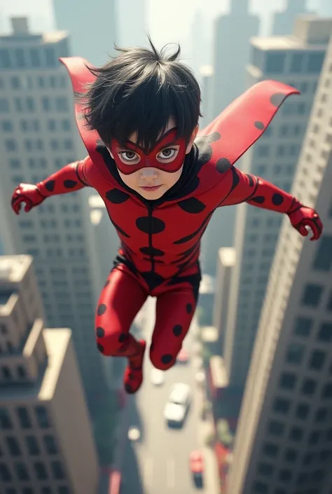 A.  Flying boy with superpowers from Ladybug a superhero with black and white hair and his costume has red with dots adolescent